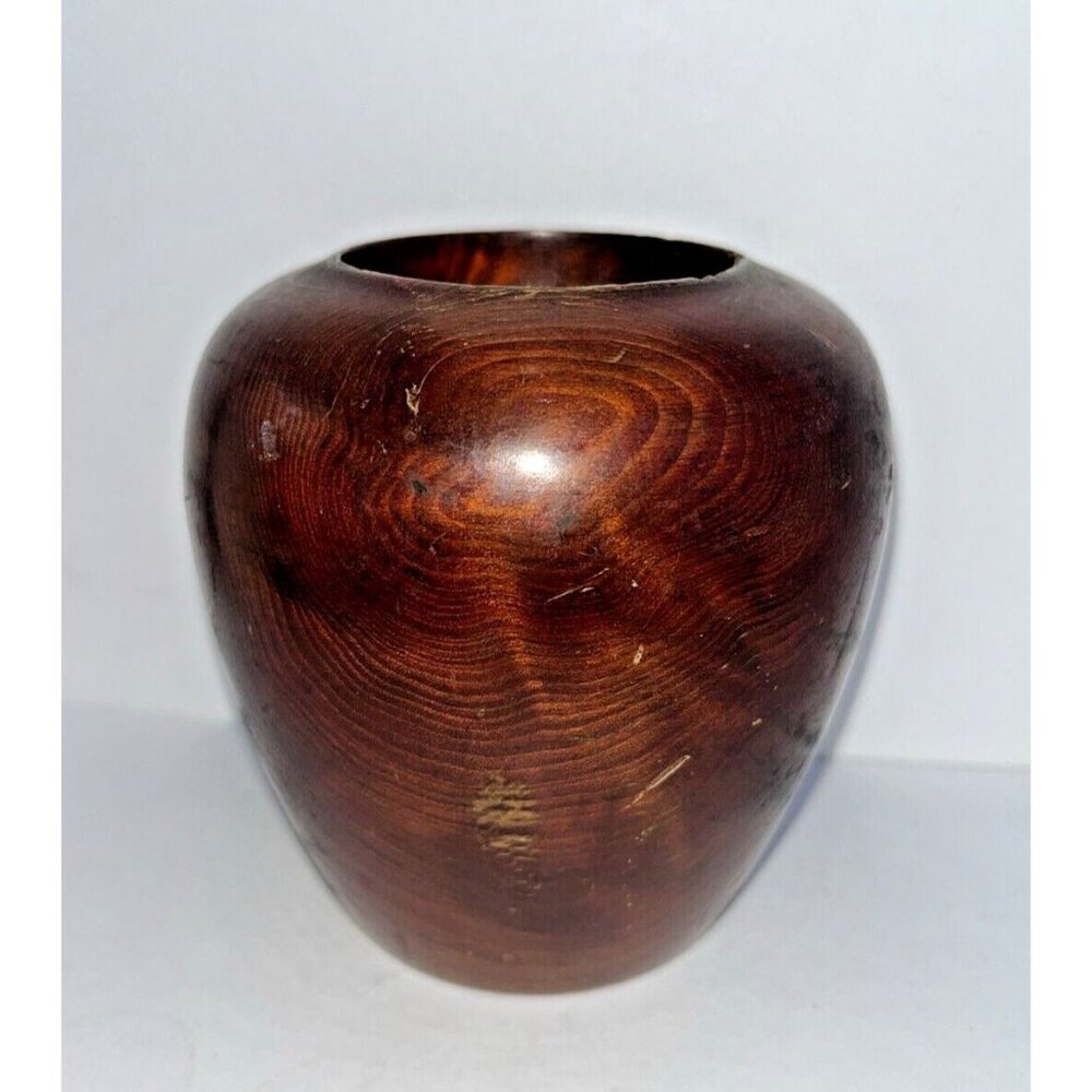 3.75” Petit Carved Wood Vase, Wall Snug Flat Side